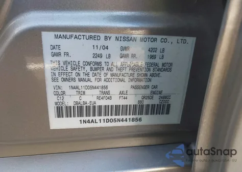 2005 Nissan Altima 2.5 S z USA, uszkodzony, nr VIN 1N4AL11D05N441856